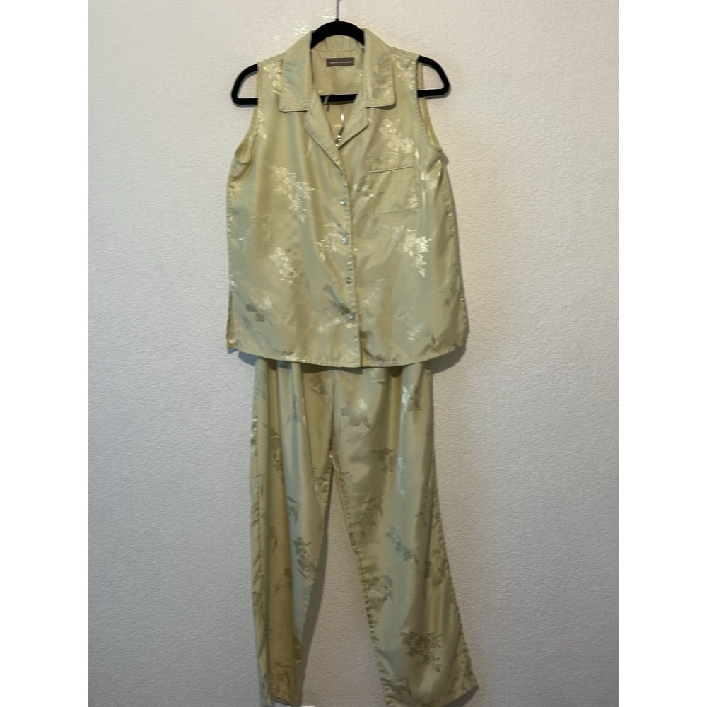 VTG Valerie Steven PJ Set Green Silky Satin Jaquard‎ Print Top/Pant Lounge M